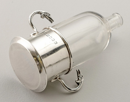 Antique Scottish Silver Traprain Treasure Bottle Stand, with Original Glass Oil Bottle - George Edward & Sons
